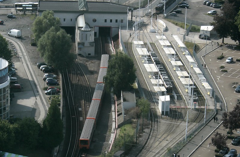 Brussels: looking down at Heysel Metro station and tram terminus frrom the Atomium