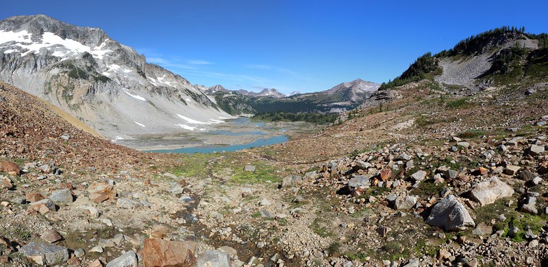 Wide panorama of the Upper Lyman Lakes area from the Spider Gap Snowfield Route