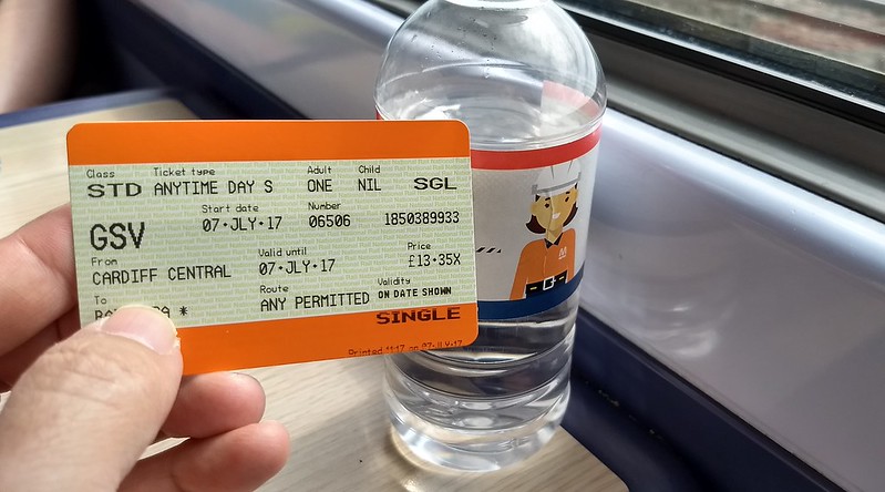 Train ticket from Cardiff to Bath, and a water bottle from home