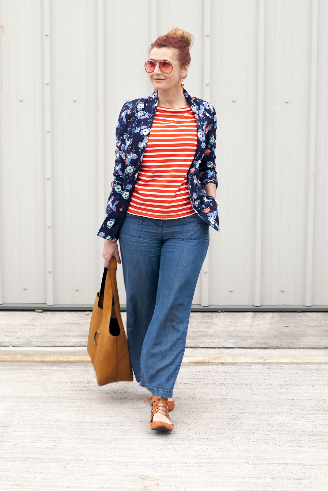 Summer style mixed stripes and florals: Blue floral pyjama-style top orange stripe Breton top wide leg denim trousers orange lace-up ghillie shoes orange-tinted aviators yellow ochre hobo bag | Not Dressed As Lamb, over 40 style