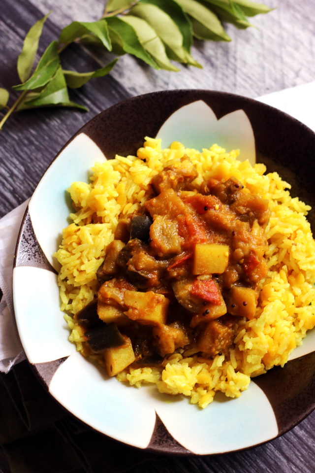 Indian Eggplant Potato Curry with Turmeric Split Pea Rice and Spiced Yogurt Soup