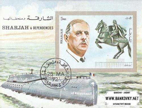 Známky Sharjah 1972 De Gaulle, razítkovaný hárok