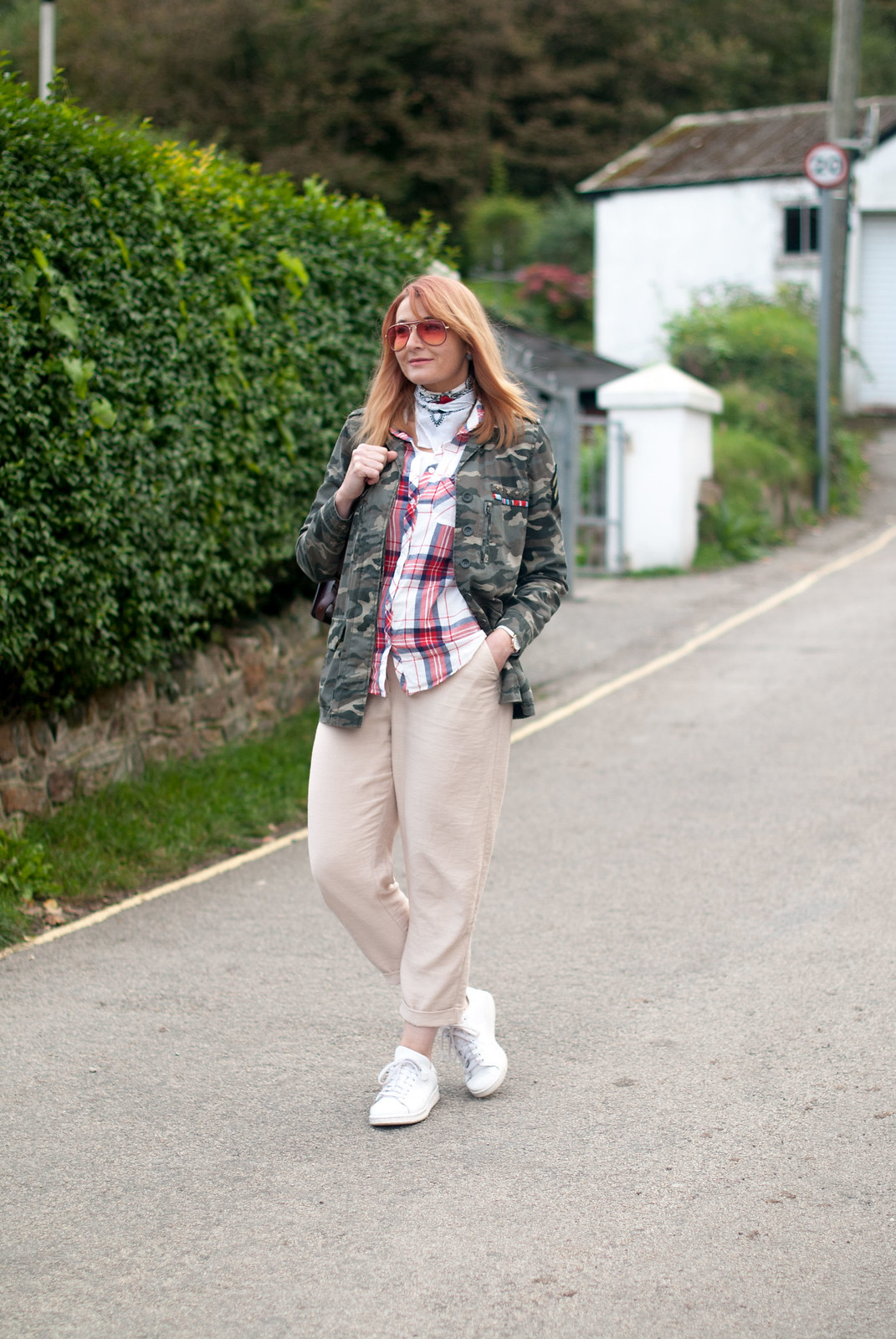 Super casual autumnal pattern mix: Camo jacket check plaid shirt cream peg pants trousers white Adidas Stan Smiths | Not Dressed As Lamb, over 40 style