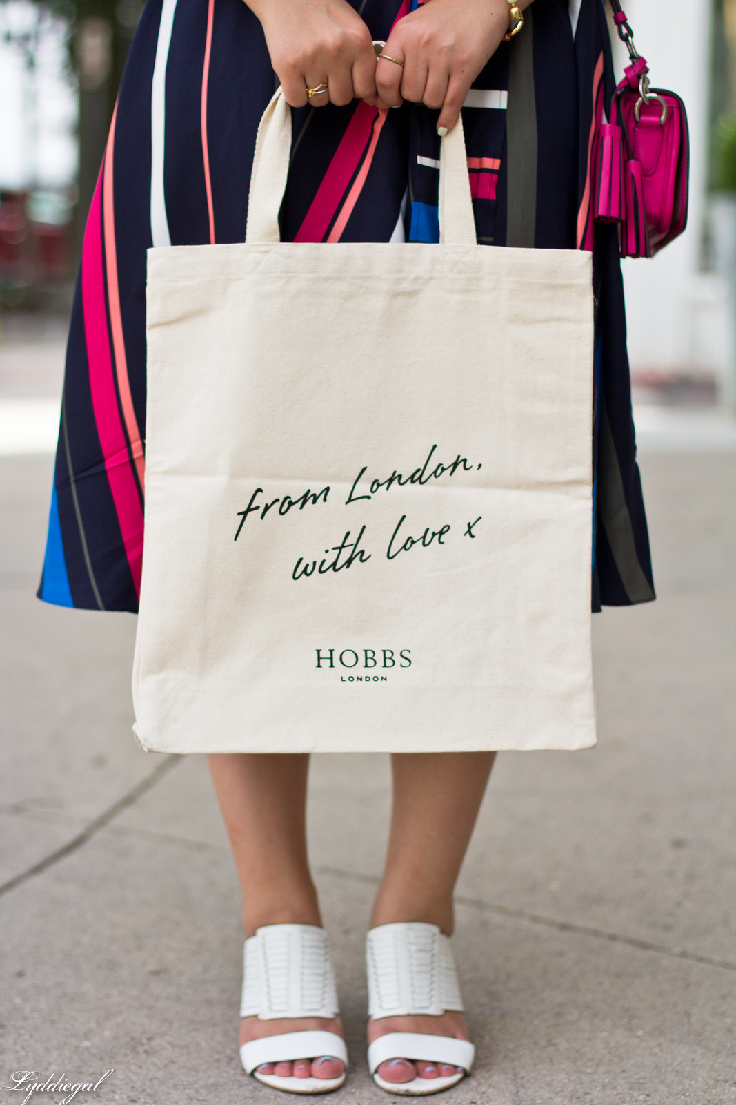 Hobbs striped dress, white mules, pink coach bag-6.jpg
