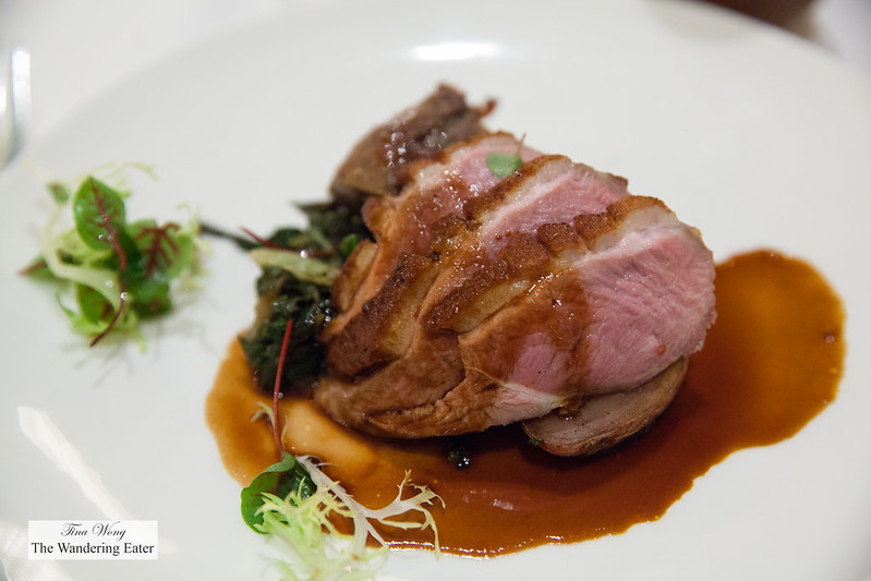Smoked Long Island Magret duck, Confit Legs with red thumb fingerling potatoes, Swiss chard, blueberry jus