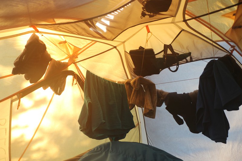 The sun warmed our tent as we slept in late until 7am - maybe it would dry out this soggy laundry