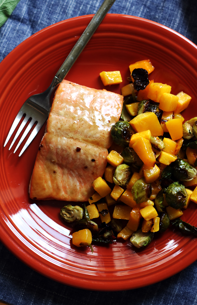 Sheet Pan Brown Sugar Salmon with Roasted Butternut Squash and Brussels Sprouts