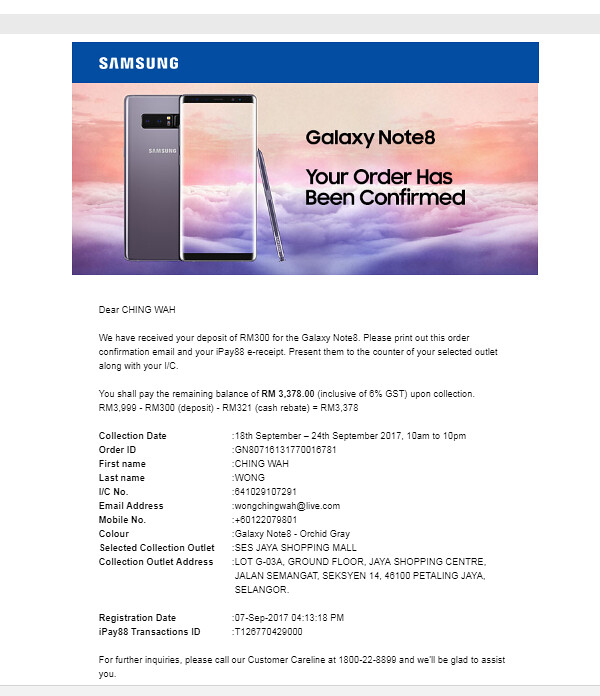Mobile88 Note8 Order Confirmation