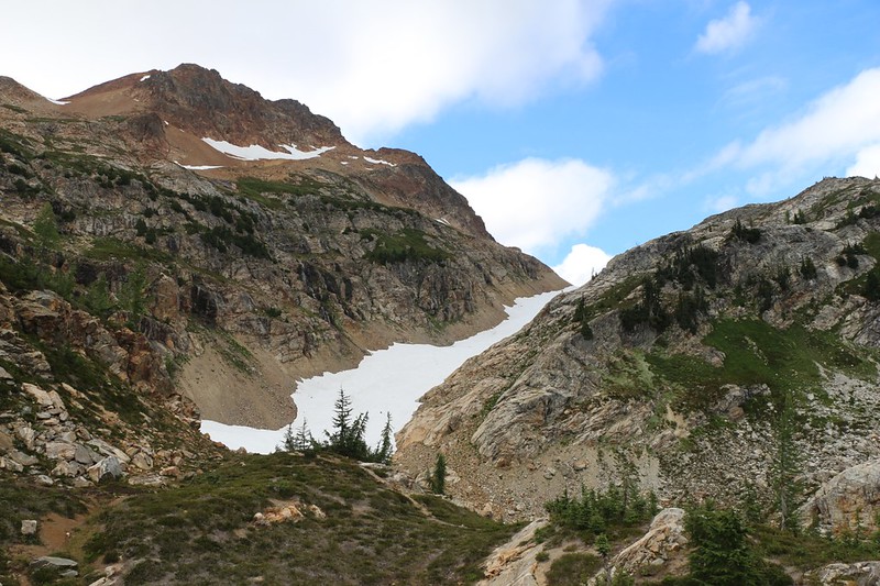 The lower end of the Spider Glacier from Larch Knob with Phelps Ridge on the left