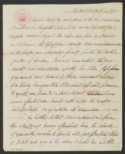 Letter, Angelica Schuyler Church to her brother-in-law Alexander Hamilton, February 4, 1790. Alexander Hamilton Papers, Manuscript Division.