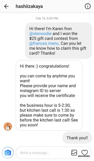 Screenshot of Instagram contest message thread