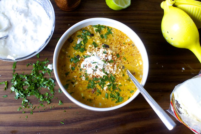 corn chowder with chile, lime and cotija