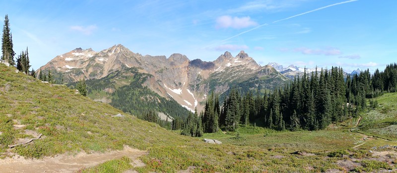 Panorama shot looking west over Cloudy Pass, with Plummer Mountain and Sitting Bull Mountain