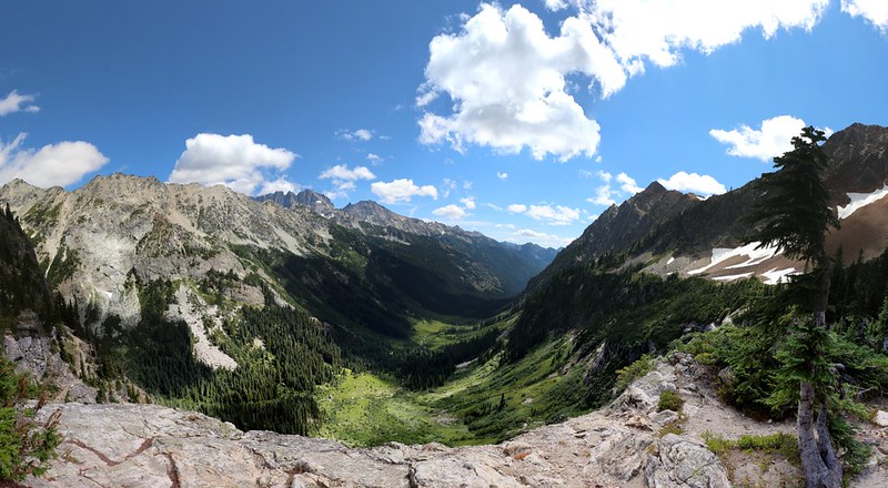 Panorama shot looking down into Spider Meadow from our campsite on Larch Knob near the Spider Glacier