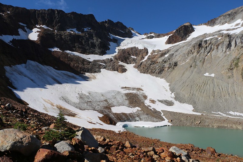 The Lyman Glacier and one of the Upper Lyman Lakes from the Spider Gap Snowfield Route
