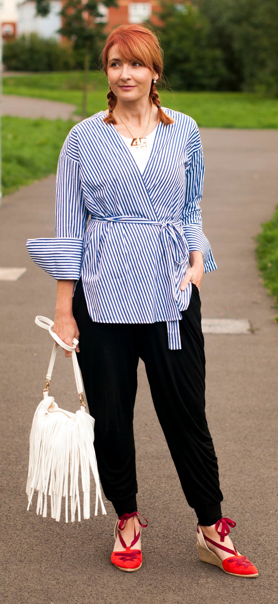Brights basics for summer: Striped wrapover Mango blouse black harem pants gold 45 Asos necklace red wedge espadrilles white fringed crossbody bag | Not Dressed As Lamb, over 40 style