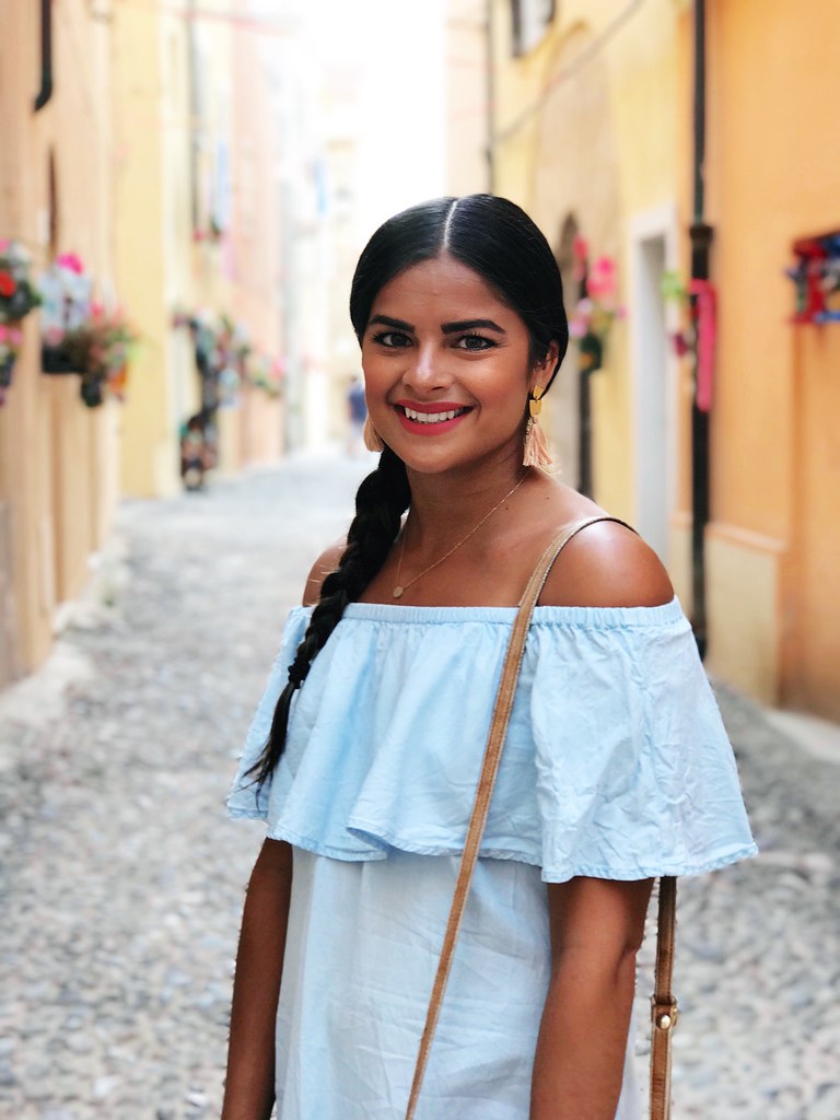 Priya the Blog, Nashville fashion blogger, off-the-shoulder chambray dress, Sardinia, Italy vacation outfit