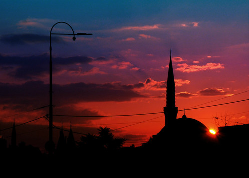 sarajevo bosniaandherzegovina formeryugoslavia europe street sunset sky clouds lamp lamppost streetlight mosque islam religion cable sun trip travel