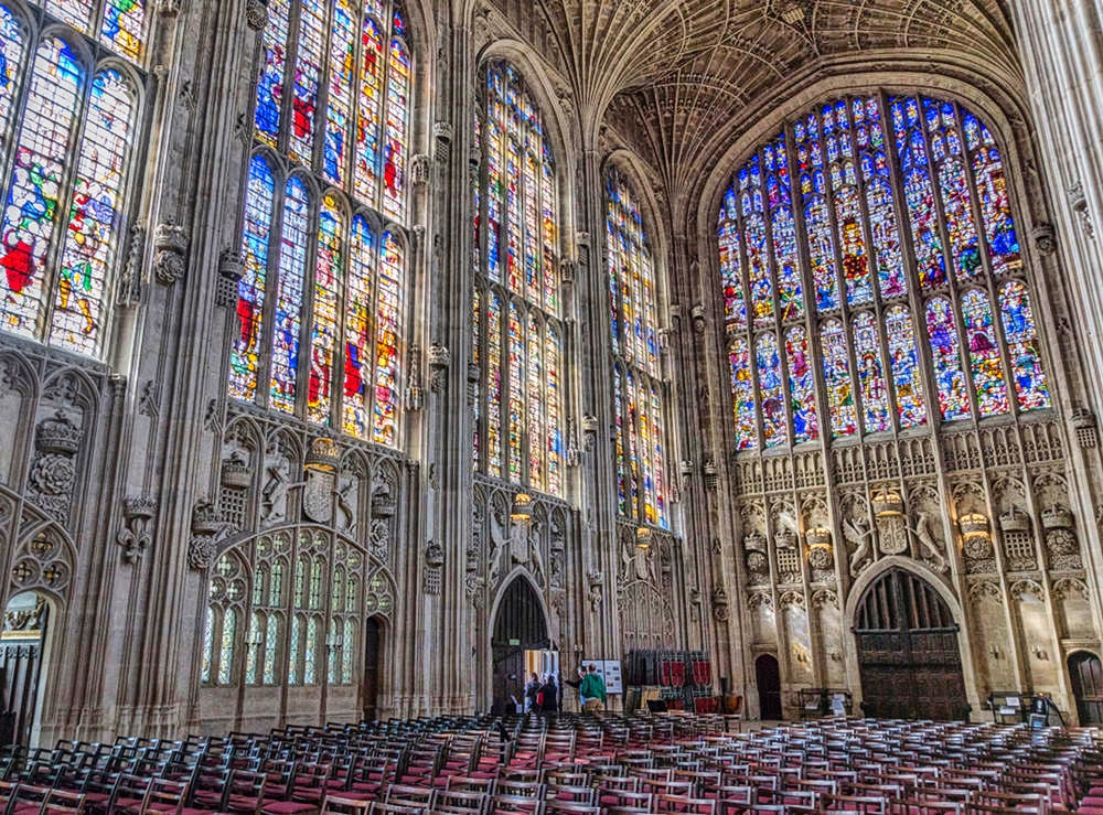Interior of King's College Chapel, view of the stained glass windows. Credit Jean-Christophe Benoist