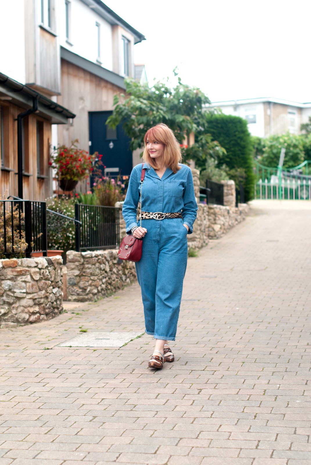 How to style a denim jumpsuit / boilersuit for the summer leopard print belt red studded crossbody bag pointed toe snakeskin Finery flats | Not Dressed As Lamb, over 40 style