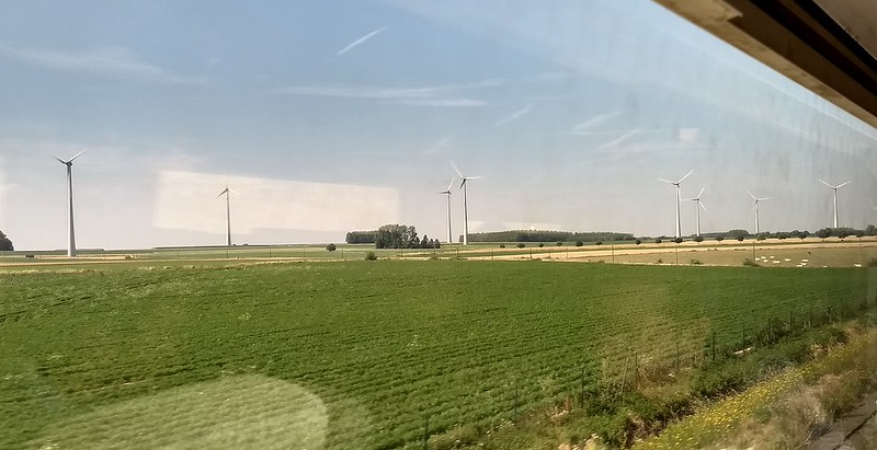 View from Eurostar of wind turbines in Belgium