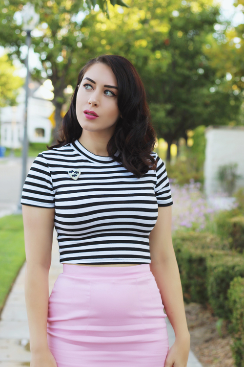 Vixen by Micheline Pitt Bad Girl Crop Top in Black and White Stripes Vixen Pencil Skirt in Powder Pink