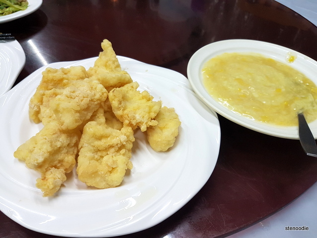 Fried Fish Meat with Corn Sauce