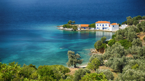 greece sea house zasteni pelion gulf blue tree green white shore rocky landscape view tourist swimming turquoise