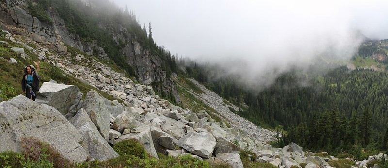 Clouds pouring over Suiattle Pass as we hike on the Cloudy Pass Hiker Shortcut Trail