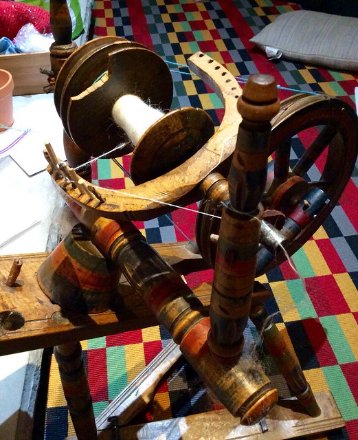 Spinning Ramie on antique Eastern European flax wheel
