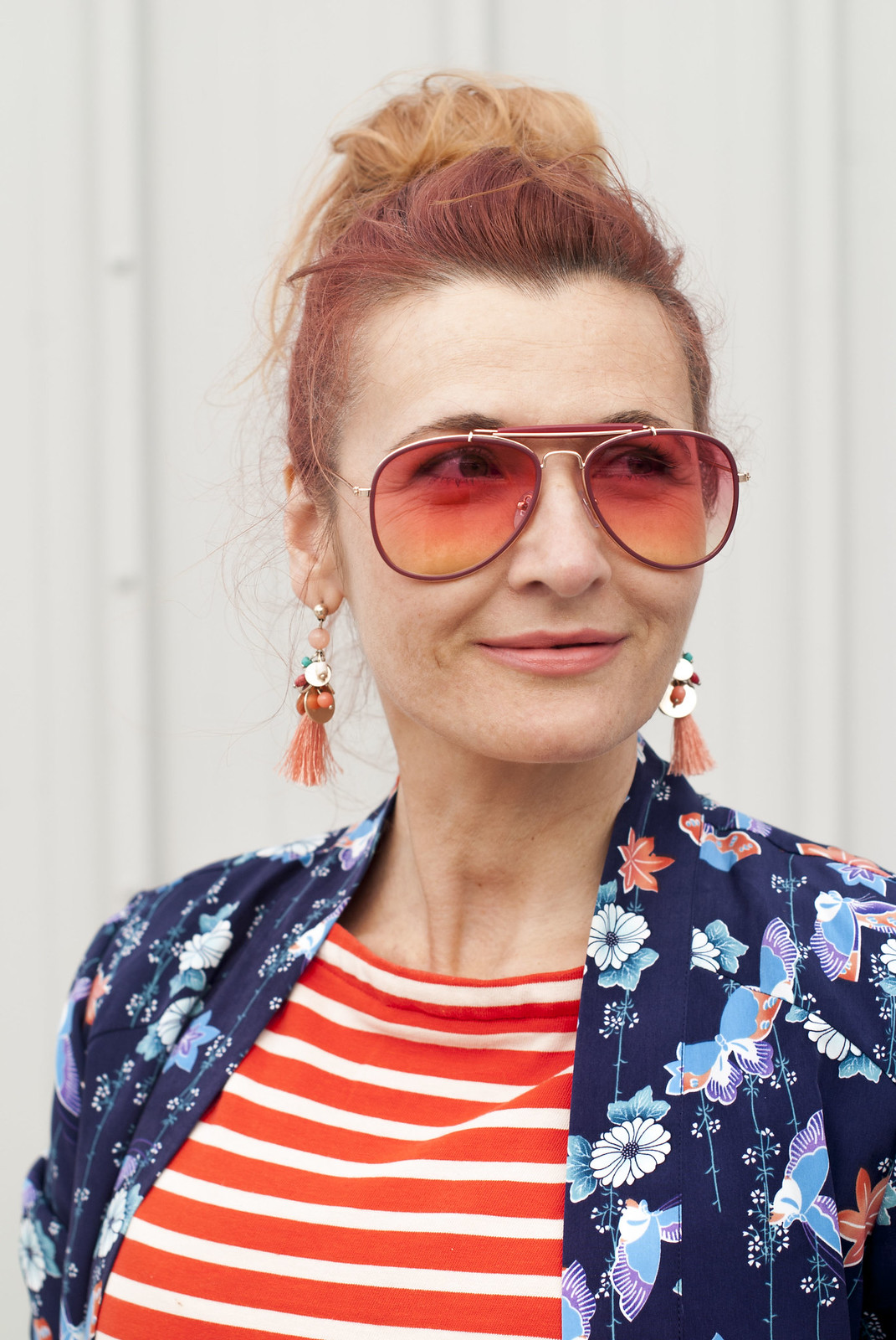 Summer style mixed stripes and florals: Blue floral pyjama-style top orange stripe Breton top wide leg denim trousers orange lace-up ghillie shoes orange-tinted aviators yellow ochre hobo bag | Not Dressed As Lamb, over 40 style