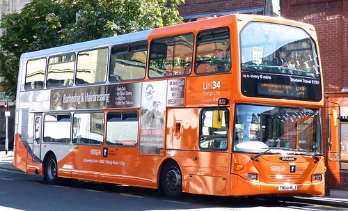 YN08 MLJ ‘Nottingham City Transport’ No. 953 ‘Orange Uni 34’ Scania N270UD / Darwen /1 on ‘Dennis Basford’s railsroadsrunways.blogspot.co.uk