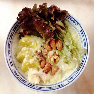 Sweet Potato Chicken Millet Porridge Topped with Almond and Walnut