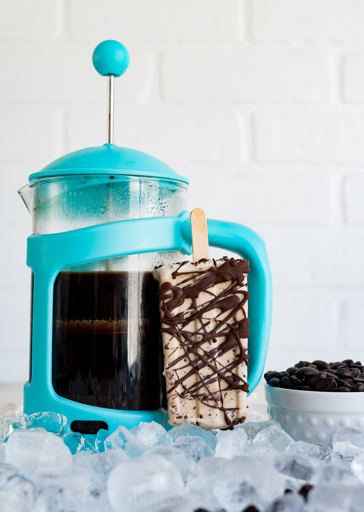 French Press Coffee Ice Cream Popsicles with Sea Salt Dark Chocolate Drizzle