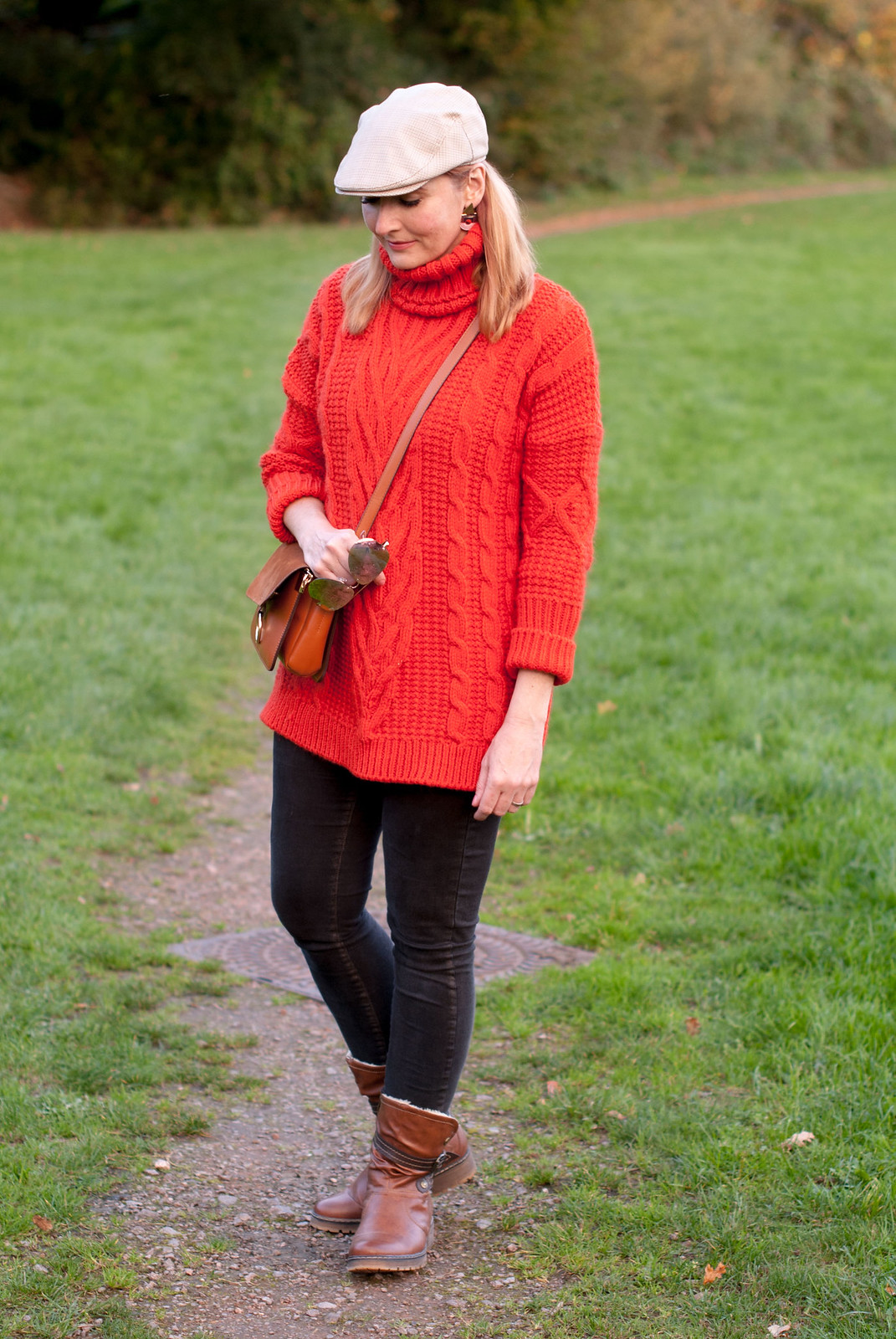 Cozy, comfy autumn fall outfit for walking the dog long orange-red roll neck sweater skinny jeans brown ankle boots flat cap | Not Dressed As Lamb, over 40 style