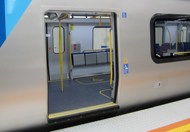 Doorway, showing gap filler, external passenger assistance button - these may not be on the final version of the train