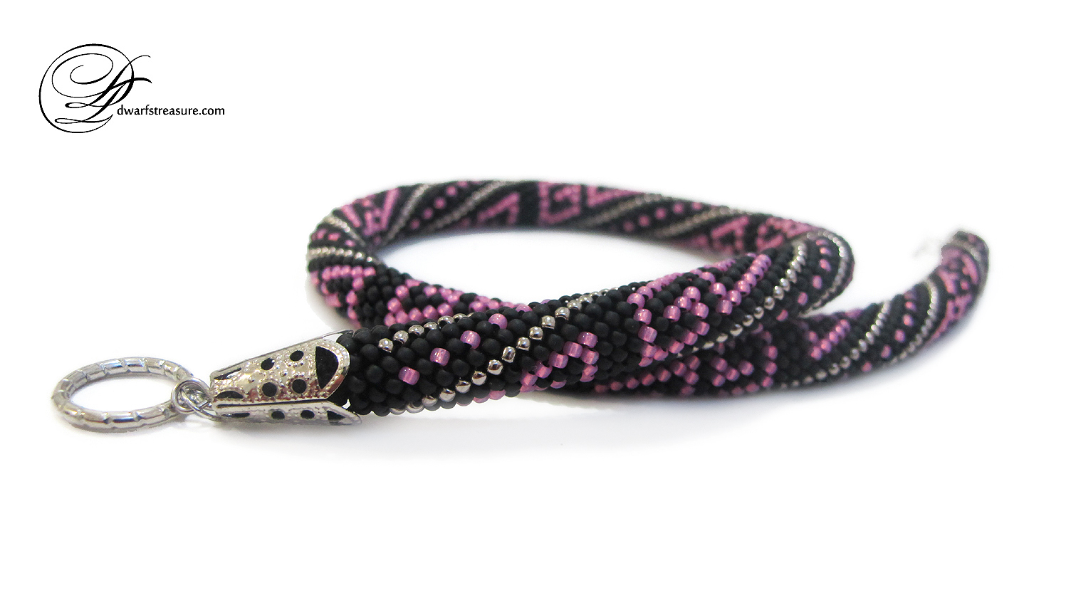 Elegant black seed bead crochet necklace with silver and pink pattern