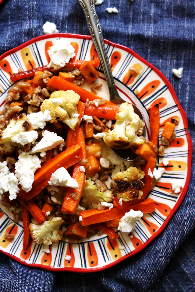 Mustardy Farro Salad with Roasted Root Vegetables and Goat Cheese