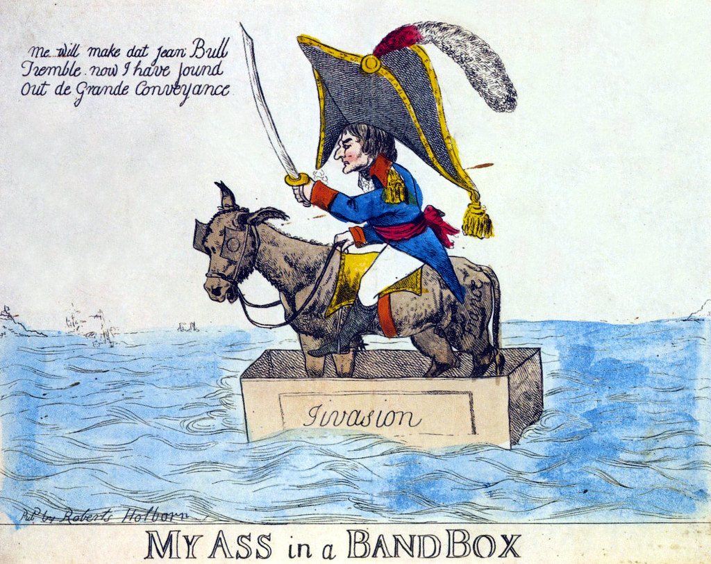 Caricature mocking the fragile landing rafts of the French by Robert Holborn