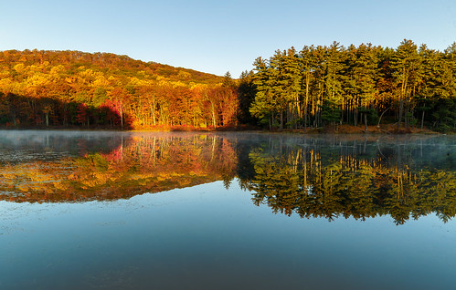 color sunrise hills trees lake reflection mist autumn