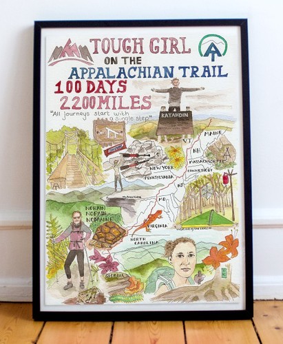 Illustrated map of Sarah Williams (of Tough Girl Challenges) 100 day hike of the Appalachian Trail. Artist Angela Hennessy