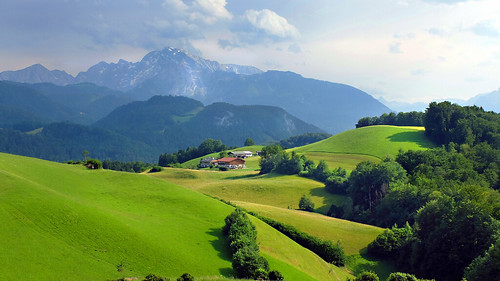 germany bavaria berchtesgadenerland summer meadows sky clouds mountains farmerhouses forest memories europe