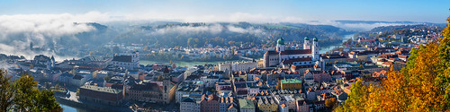 panorama landscape cityscape passau lower bavaria germany autumn mist dnabue river inn cathedral