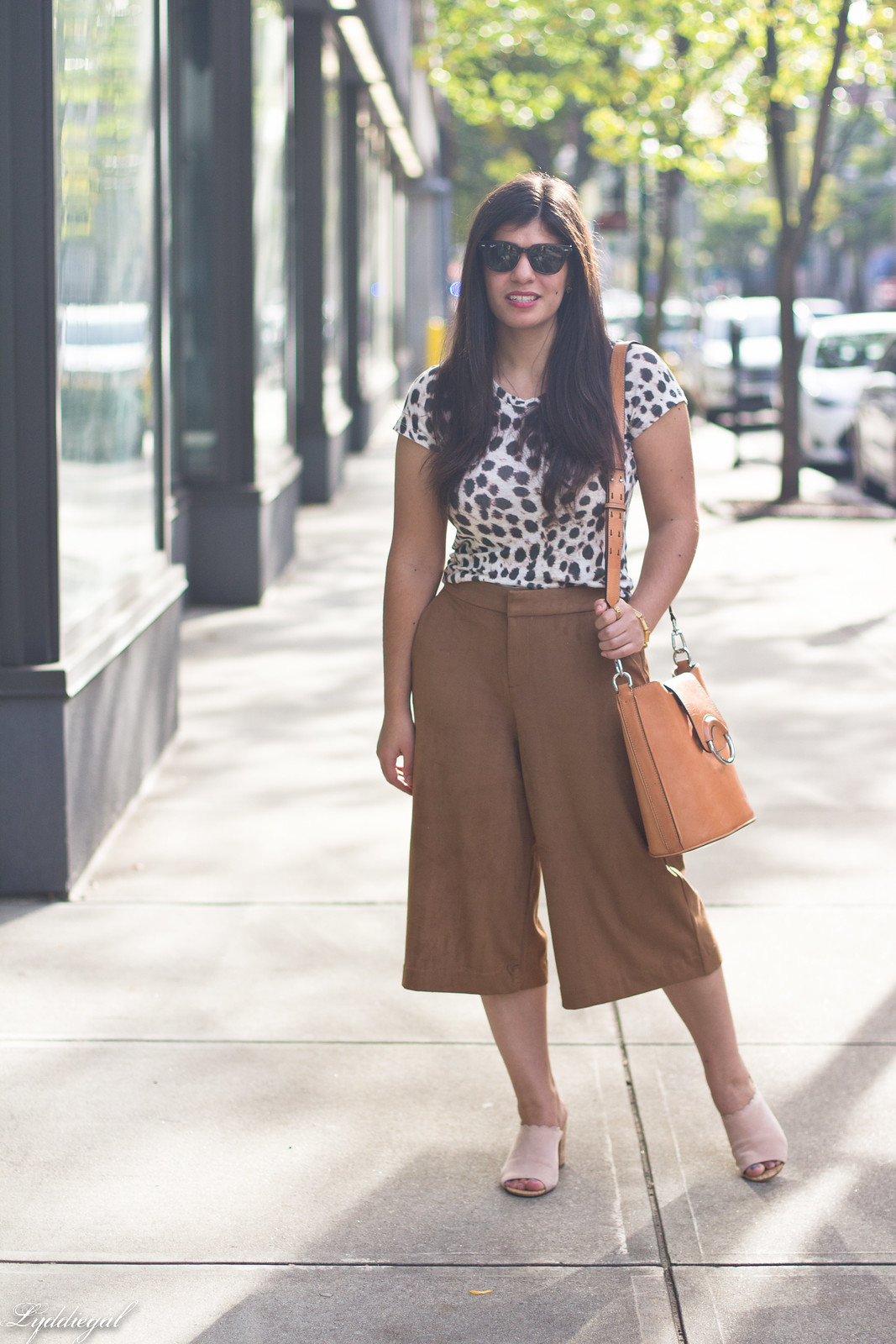 Leopard tee, camel culottes, scalloped mules