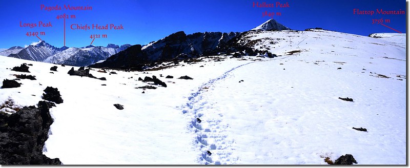 Looking south onto Longs Peak, Hallett Peak et al. from near Flattop Mountain summit 1-1
