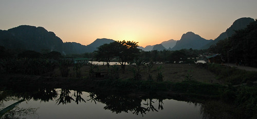 Karst landscape at sunset in Vang Vieng in Laos
