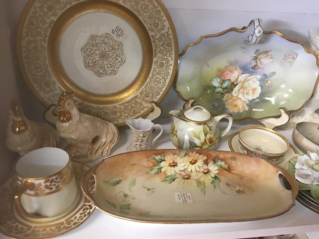 antique gold plated plates, mugs, tea set