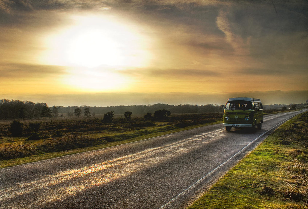 Camper Van on a road through the New Forest. Credit Steve Wilson, flickr