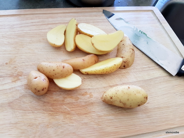 fingerling potatoes on chopping board