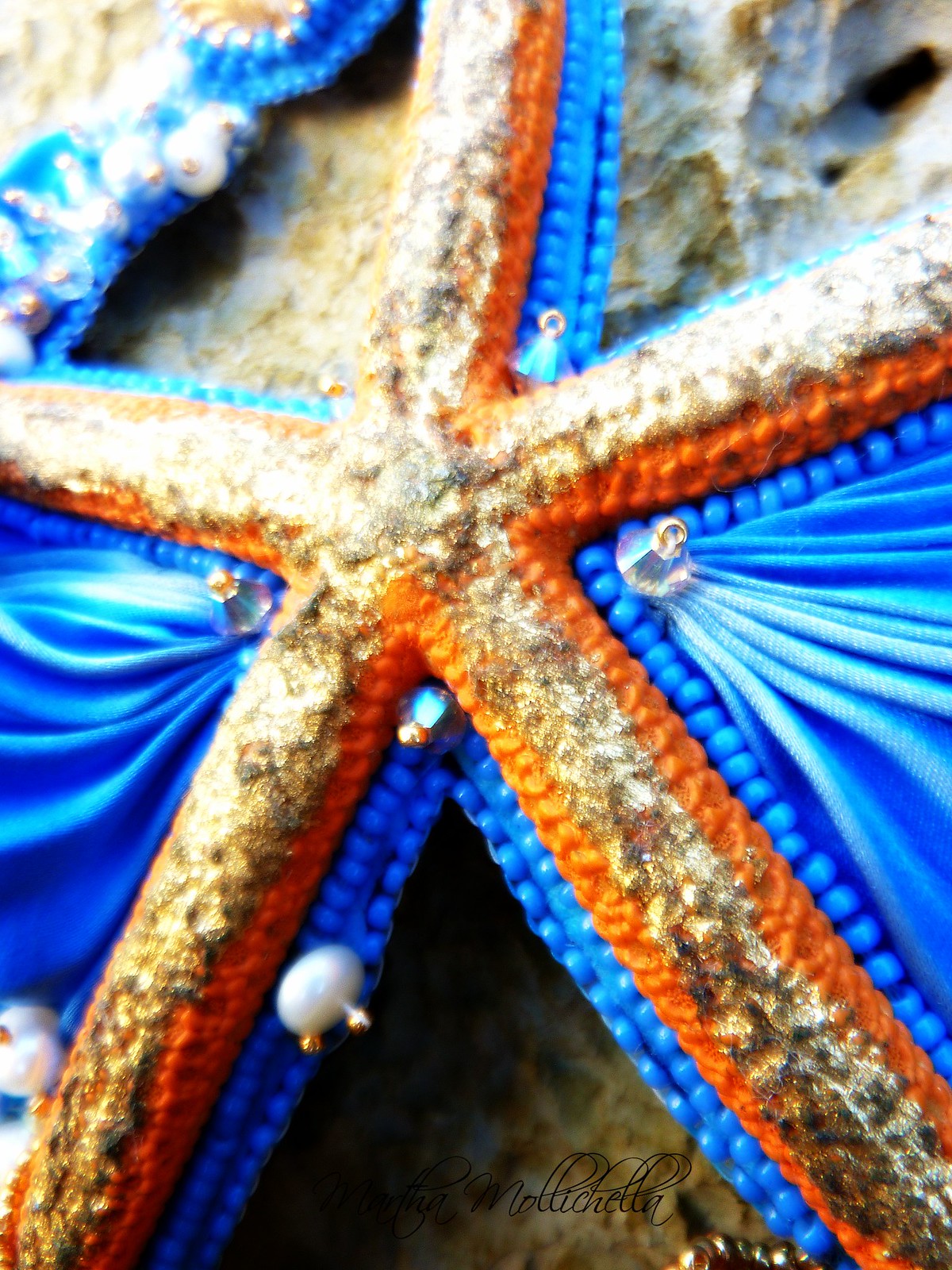 Shibori handmade necklace seashells star fish Swarovski by Martha Mollichella